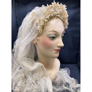 Edwardian - 20s Wax Orange Blossom Tiara Headband Veil 1910 Flapper Crown SOLD - A gorgeous French antique wax bridal crown in her  main image 4