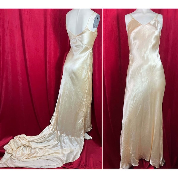 DRAMA Vintage 1930s Silk Bias Cut Lquid Slip w Train or Wedding Dress Budoir 30s