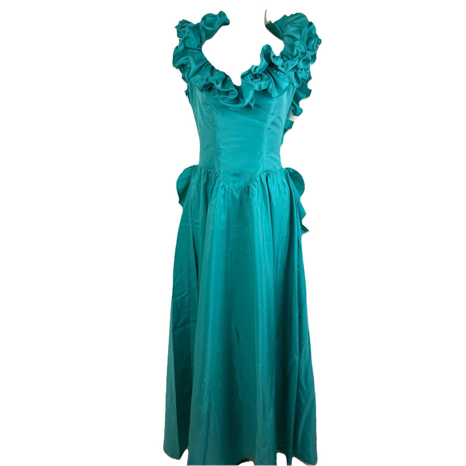 Vintage 80s Blue Prom Dress + Shoes Ball Gown Ruffle Power