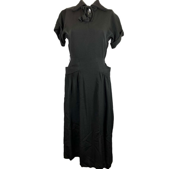 XS Vintage 1940s Shelf Pocket Day Dress Black Bow… - image 2