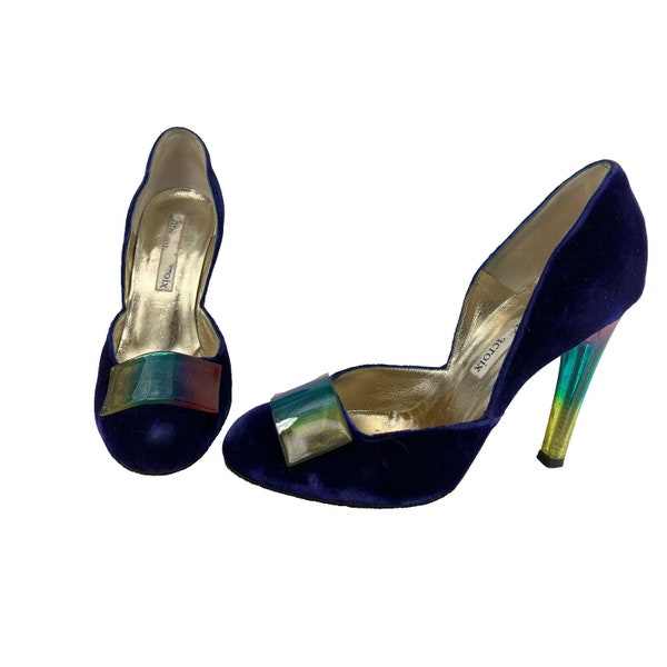 38 Christian Lacroix Blue Velvet D'orsay Pump Heel Rainbow Lucite Buckle