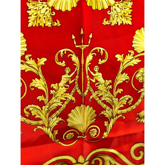 Vintage 90s Gianni Versace Red Orange Scarf Baroque Medusa