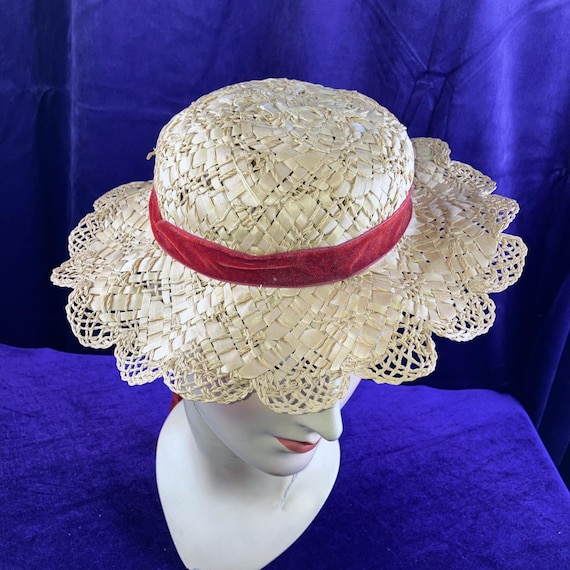 40s Straw Hat Tilt Vintage Boater Scalloped Brim … - image 2