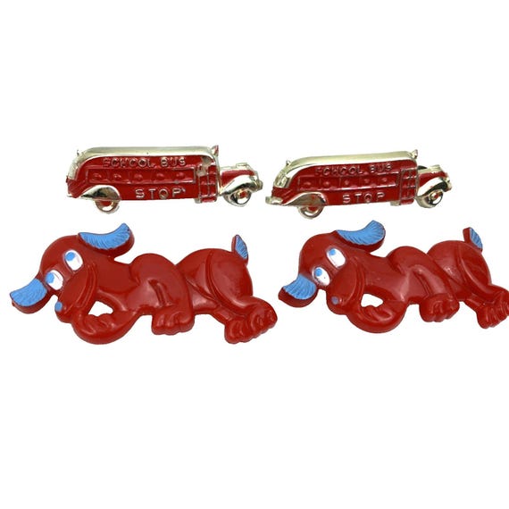 HTF 2 Sets Of 1940s Kids Hair Barrettes Dogs Schoolbus Vintage