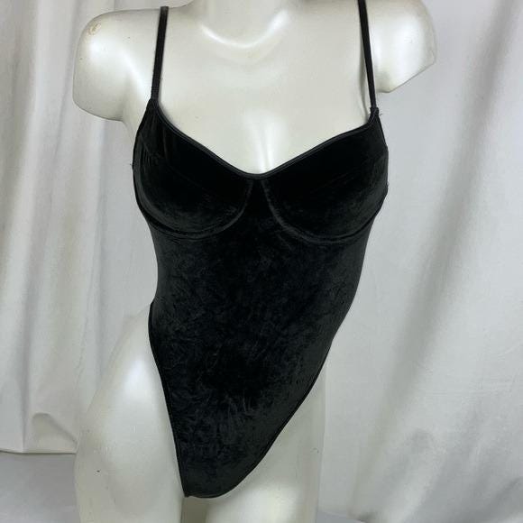 S Vintage 90s Victoria’s Secret Black Velvet Bodysuit thong