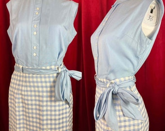 CUTE 50s Linen Gingham Skirt Cotton Top Set Blue Pencil Dress