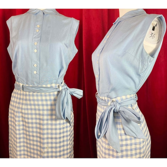 CUTE 50s Linen Gingham Skirt Cotton Top Set Blue P