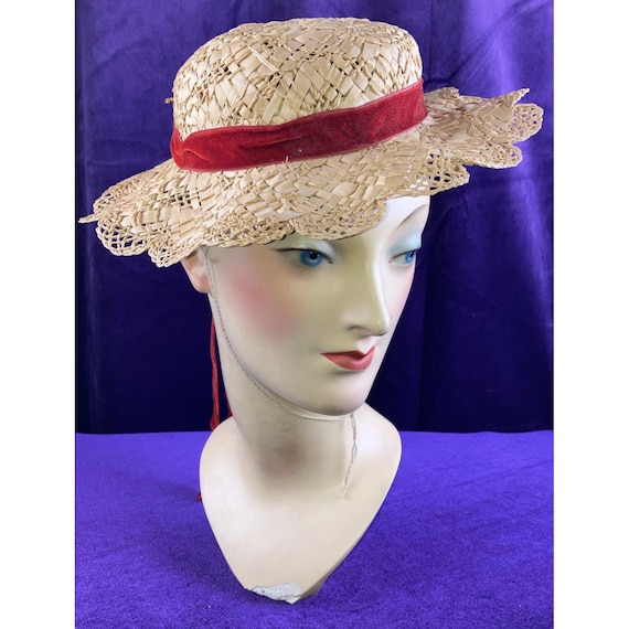 40s Straw Hat Tilt Vintage Boater Scalloped Brim … - image 1