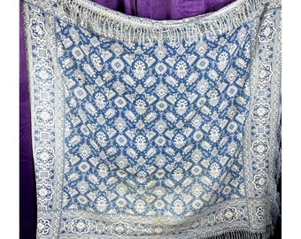 56x53 Antique Weaving Coverlet Tibet Chinese Or Southwest Native Symbols Indigo