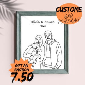 Retrato personalizado de un mal amigo: divertido boceto de arte lineal personalizado, dibujo familiar único, regalo para parejas, dibujo familiar único