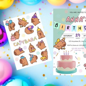 Thema verjaardagsuitnodiging capibara, om in te kleuren, stickers, afdrukken op t-shit ... Geweldig voor leuke verjaardagsfeestjes!