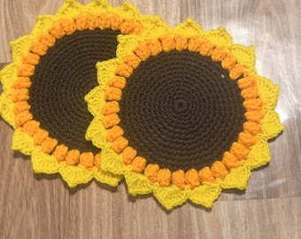 Handmade Crochet Sunflower Coaster | Cotton Mug Rug, Boho Cottagecore Home Decor, Rustic Drink Coaster