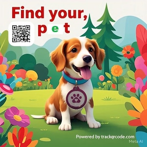 Op de afbeelding: Een bruine en witte puppy met een blauwe halsband en een paarse tag met een pootprint en een hartje. De puppy zit in een groen grasveld met bloemen. De tekst "Find your, pet" staat bovenaan de afbeelding. Een QR-code staat links van de tekst. De tekst "Powered by trackqrcode.com" staat onderaan de afbeelding.