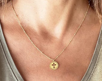 Collar con medallón de cruz, collar de acero inoxidable, collar religioso, collar de mujer, diamante, oro, plata, minimalista, collar fino