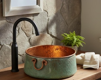 Handmade Copper Sink: Green Patina Rustic Farmhouse Vessel