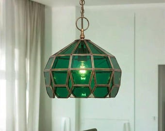Emerald Green Stained Glass Pendant Light, Geometric Brass Lantern Hanging Lamp