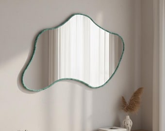 Wavy Wall Mirror: Green Patina Copper Frame, Modern Organic Decor