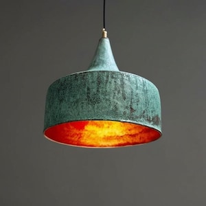 Handmade Oxidized Copper Pendant Light: Green Patina Rustic Dome