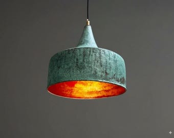 Handmade Oxidized Copper Pendant Light: Green Patina Rustic Dome