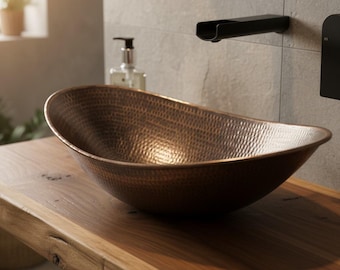Handmade Copper Vessel Sink - Oval Hand Hammered Bathroom Vanity Basin - Rustic Modern Farmhouse Decor