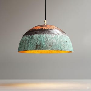 Handmade Copper Pendant Light: Green Patina Rustic Dome - Farmhouse Decor