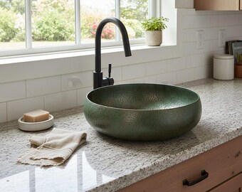 Handmade Moroccan Oxidized Copper Sink – Rustic Vintage Bathroom Decor – Luxury Antique Basin"