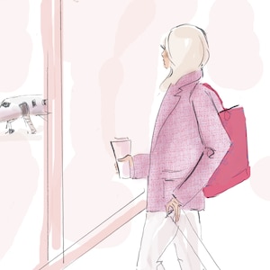 Arte di viaggio che parte su un aereo a reazione - Bon Voyage Travel Illustration Donna con valigia rosa e girly - Heather Stillufsen