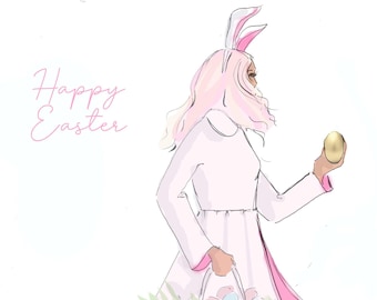 Happy Easter - Easter Bunny Pink Easter Fashion Illustration [ cards girly feminine pink manifest affirmattions}