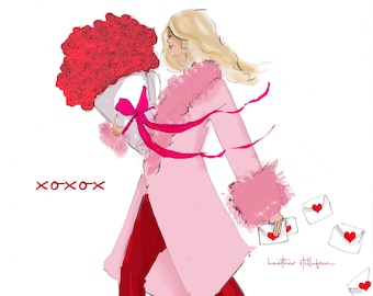 Pink Valentine Cards -  XOXO - Valentine's Day Cards - {Girly Fashion Illustration Pretty Fancy Pink} Heather Stillufsen