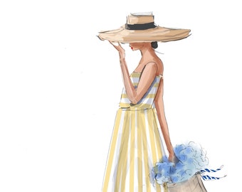 Sunny Stripes- Fashion Illustration {Heather Stillufsen, Stationery, Notecards,  Fashion Drawing, Girly, Custom Stationery }