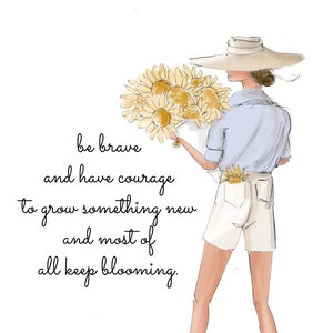 Può includere: Illustrazione di una persona con una camicia azzurra, pantaloncini bianchi e un cappello a tesa larga, che tiene in mano un mazzo di fiori gialli. L'immagine include il testo "sii coraggioso e abbi il coraggio di far crescere qualcosa di nuovo e soprattutto continua a fiorire."