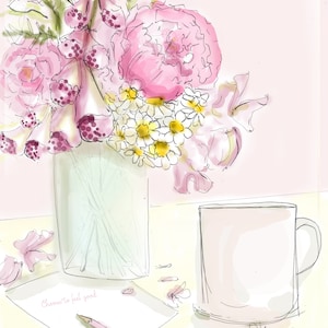 Pink Floral Art Print. Pretty Wall Art, {Foxgloves and Peony Wall Art Still Life Coffee Cups Pink and Yellow Gallery Art}