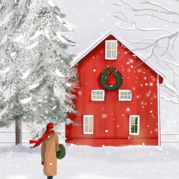Christmas Cards - Old Fashioned Christmas Barn Vermont Red Barn Illustration {Holiday Christmas  cards} Christmas Cards Heather Stillufsen