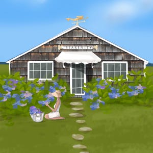 Coastal Beach mooie hortensia blauwe mode illustratie Art Print. Mooi decor. Mode-illustratie kunstafdruk {Girly Fashion}