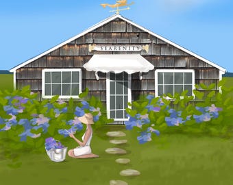 Impression d'art d'illustration de mode bleu joli hortensia de plage côtière. Impression artistique Cottage d'hortensias