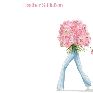Gepersonaliseerde briefpapier; Chique briefpapier Pioenmeisje illustratie briefpapier Notitiekaarten, gepersonaliseerd, custom art, mooi en chic Girly
