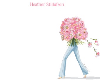 Personalisiertes Briefpapier; Chic Briefpapier Pfingstrose Mädchen Illustration Briefpapier Hinweiskarten, personalisiert, benutzerdefinierte Kunst, hübsch und schick Girly
