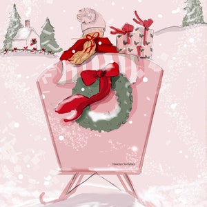 May include: A pink sleigh with a red bow and a green wreath on top. The sleigh is filled with wrapped gifts and a person wearing a red scarf and a white hat is sitting in the sleigh. The scene is set in a snowy winter wonderland.