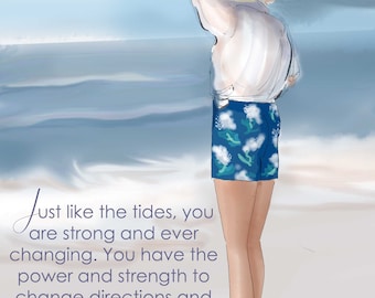 Just like the tides...you are strong   -  Illustration {Heather Stillufsen, Notecards, Coastal Drawing, Girly,  Stationery,   }