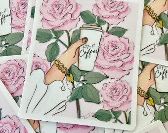 Kaffeeliebhaber Aufkleber Aber Erster Kaffee, Rosen und Kaffee Aufkleber Wasserdichter Vinylaufkleber 2,5 x 3 Zoll