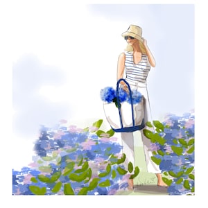 Mooie hortensia blauwe mode-illustratie kunstafdruk. Mooi decor.  - Kunstafdrukken mode-illustraties - {Girly Fashion Illustration Pretty}