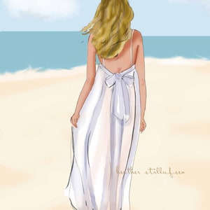 Sztuka plażowa Kobieta spacerująca po plaży - Ładny dom na plaży. Ilustracja modowa.