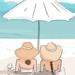 Best Friends Print. Best Friends Art. Beach Friendship Art  Two Girls in Hats- Summer - Art for Beach Houses