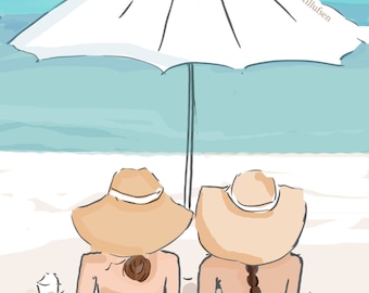 Best Friends Print. Best Friends Art. Beach Friendship Art  Two Girls in Hats- Summer - Art for Beach Houses