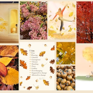 May include: A collage featuring autumn themes including pink hydrangea flowers, a person dancing in falling leaves, vibrant red maple trees, a pile of orange and yellow foliage, a list of affirmations with leaf icons, yellow leaves, pumpkins, and a person reading.