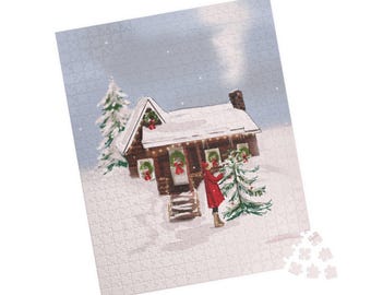 Cozy Winter Barn Christmas Puzzle 520 Piece | Vintage Cabin Illustration