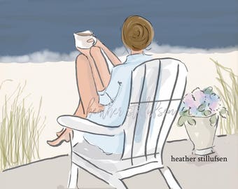 Kunstprint strandscène – vrouw met koffie, uitzicht op de oceaan