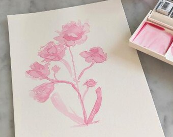 Watercolor Art. Nursery Pink Garden Art Pretty Pink Flowers.