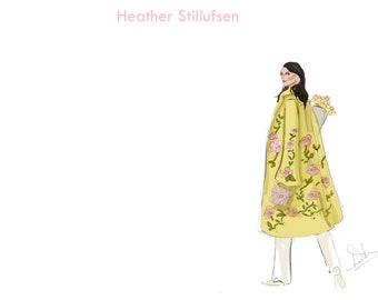 Personalized Stationery Yellow Embroidered Floral  Coat Stationery Notecard, Personalized, Custom Fashion Drawing, Pretty and Chic and Girly
