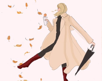 Autumn Leaves Falling Down  Autumn - Autumn Coffee Art - Heather Stillufsen Cards { Fashion Illustration Print } All Too Well Wall Decor